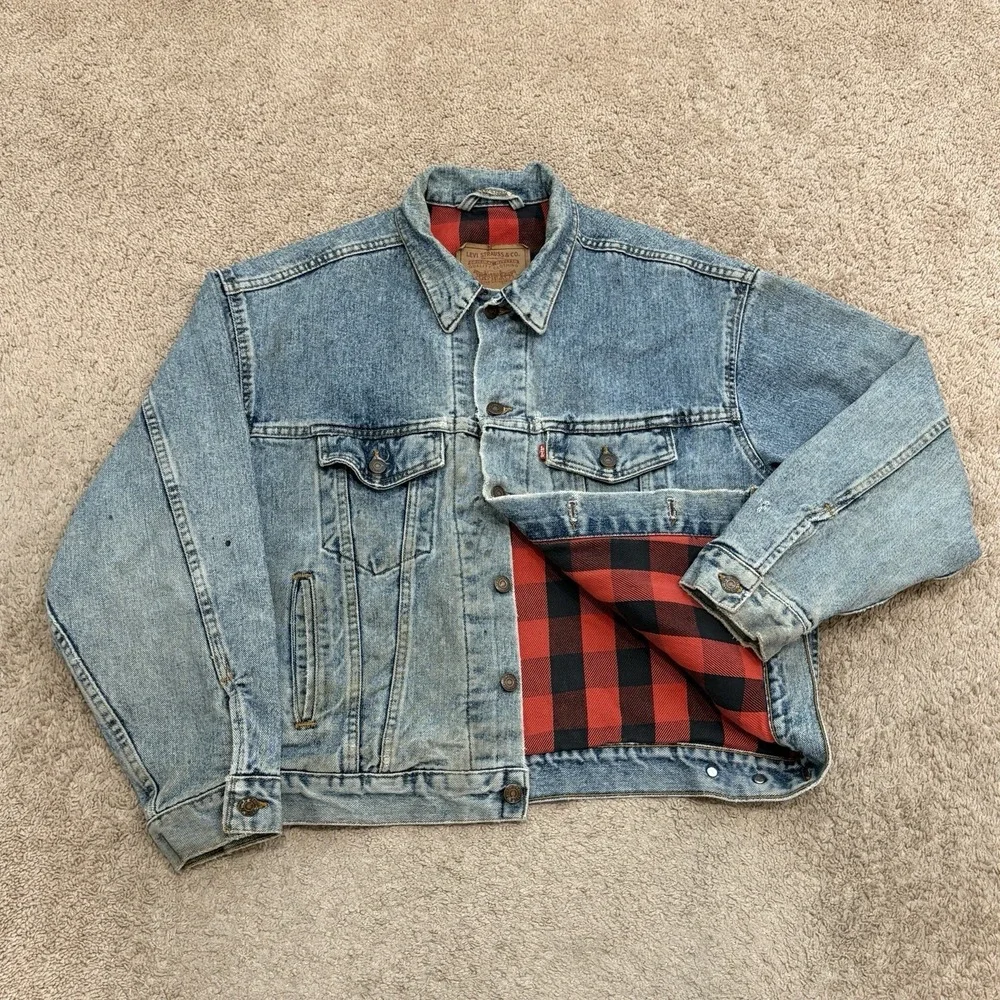 Vintage 90s Levis Denim Jacket Mens Medium Plaid Lined Trucker 70417-4891 USA